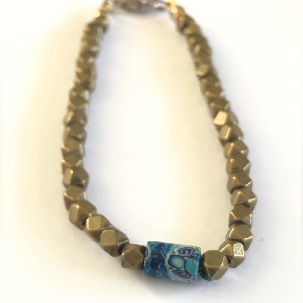 Brass Beaded Bracelet with Blue Accent